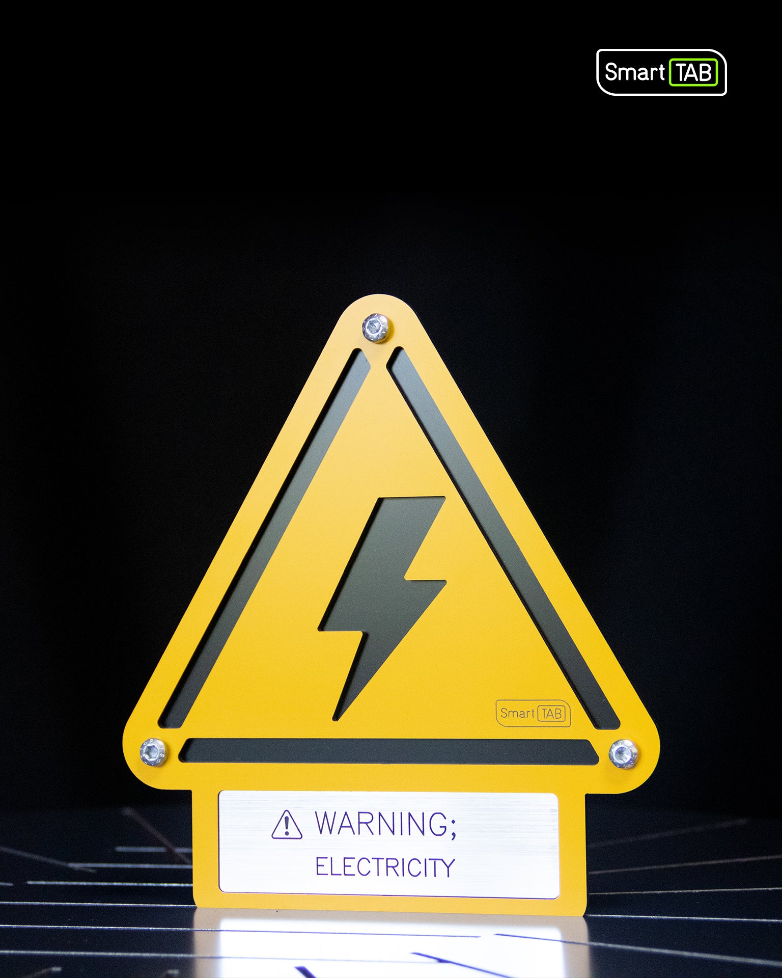 Premium safety sign “Warning: Electricity” W012 – Exclusive SmartTAB Design – CNC-Milled Aluminum Composite